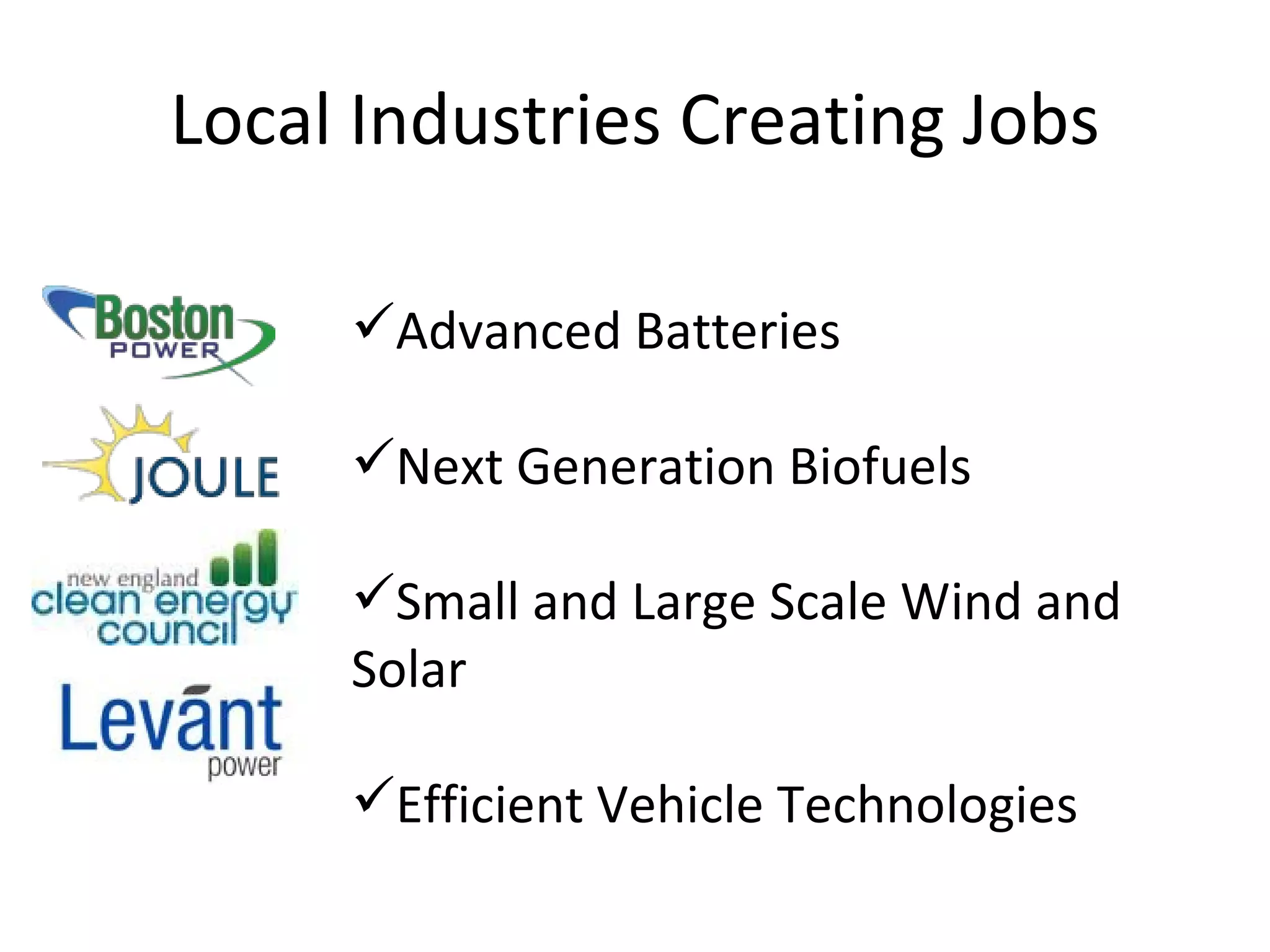 Local Industries Creating Jobs Advanced Batteries Next Generation Biofuels Small and Large Scale Wind and Solar Efficient Vehicle Technologies 