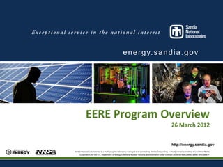 e n e r g y. s a n d i a . g o v




            EERE Program Overview
                                                                                                         26 March 2012


                                                                                                         http://energy.sandia.gov
Sandia National Laboratories is a multi-program laboratory managed and operated by Sandia Corporation, a wholly owned subsidiary of Lockheed Martin
     Corporation, for the U.S. Department of Energy’s National Nuclear Security Administration under contract DE-AC04-94AL85000. SAND 2012-3066 P.
 