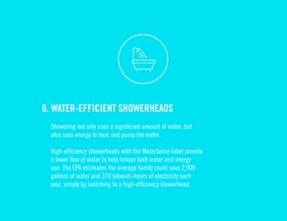 6. Water-Efficient Showerheads 
Showering not only uses a significant amount of water, but 
also uses energy to heat and pump the water. 
High-efficiency showerheads with the WaterSense label provide 
a lower flow of water to help reduce both water and energy 
use. The EPA estimates the average family could save 2,900 
gallons of water and 370 kilowatt-hours of electricity each 
year, simply by switching to a high-efficiency showerhead. 
 