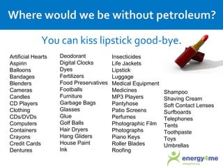 How valuable is petroleum? Enough energy to heat  80 million   homes  382 million gallons of gasoline  to service stations, enabling  200 million drivers   to get to work, take their kids to school, and take vacations-- traveling  7.5 billion road miles   every day  67 million gallons   to airport terminals, enabling  30,000 flights   to travel around the world  Source: API Energytomorrow.org In  one day , the oil and gas industry delivers 