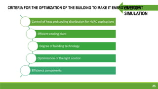 25
ENERGY
SIMULATION
CRITERIA FOR THE OPTIMIZATION OF THE BUILDING TO MAKE IT ENERGY EFFICIENT
Control of heat and cooling distribution for HVAC applications
Efficient cooling plant
Degree of building technology
Optimization of the light control
Efficienct components
 