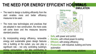 6
ENERGY
SIMULATION
THE NEED FOR ENERGY EFFICIENT HOSPITALS
• The need to design a building efficiently from the
start enables more and better efficiency
measures to be used.
• The more new technologies and practices that
are adopted in new construction, the more costs
will come down and the measures become
standard practice.
• By incorporating energy efficiency, renewable
energy and sustainable green design features
into a building at the outset, you can play a
significant role - not only controlling building's
energy consumption - but also contributing to
achieving a sustainable energy structure for our
• Safe, with power and control
• Reliable, with critical power & cooling
• Efficient, with energy efficiency
• Productive, with industrial, building and home
automation
• Green, with renewable energy solutions
 