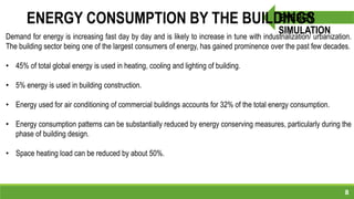 8
ENERGY
SIMULATION
ENERGY CONSUMPTION BY THE BUILDINGS
Demand for energy is increasing fast day by day and is likely to increase in tune with industrialization/ urbanization.
The building sector being one of the largest consumers of energy, has gained prominence over the past few decades.
• 45% of total global energy is used in heating, cooling and lighting of building.
• 5% energy is used in building construction.
• Energy used for air conditioning of commercial buildings accounts for 32% of the total energy consumption.
• Energy consumption patterns can be substantially reduced by energy conserving measures, particularly during the
phase of building design.
• Space heating load can be reduced by about 50%.
 