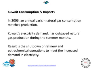 Kuwait Consumption & Imports

In 2006, an annual basis - natural gas consumption
matches production.

Kuwait’s electricity demand, has outpaced natural
gas production during the summer months.

Result is the shutdown of refinery and
petrochemical operations to meet the increased
demand in electricity.

             http://www.eia.doe.gov/emeu/cabs/Kuwait/Full.html
 