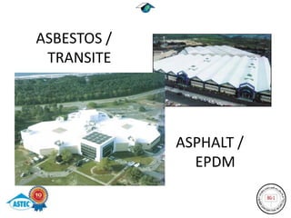 ASBESTOS /
 TRANSITE




             ASPHALT /
               EPDM
 