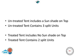 • Un-treated Tent includes a Sun shade on Top
• Un-treated Tent Contains 3 split Units

• Treated Tent includes No Sun shade on Top
• Treated Tent Contains 2 split Units
 