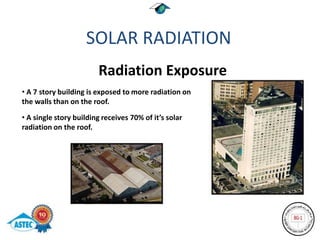 SOLAR RADIATION
                        Radiation Exposure
• A 7 story building is exposed to more radiation on
the walls than on the roof.

• A single story building receives 70% of it’s solar
radiation on the roof.
 