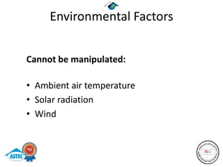 Environmental Factors


Cannot be manipulated:

• Ambient air temperature
• Solar radiation
• Wind
 