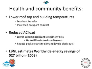 Health and community benefits:
• Lower roof top and building temperatures
     • Less heat transfer
     • Increased occupant comfort

• Reduced AC load
     • Lower building occupant’s electricity bills
             » Up to 40% reduction in cooling costs
     • Reduce peak electricity demand (avoid black-outs)

• LBNL estimates Worldwide energy savings of
  $27 billion (2008)
 