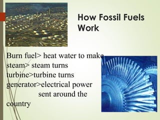 How Fossil Fuels
Work
Burn fuel> heat water to make
steam> steam turns
turbine>turbine turns
generator>electrical power
sent around the
country
 