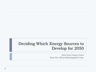 Deciding Which Energy Sources to
Develop for 2050
Data from Capers Jones
Data File: ElectricRankings2013.xlsx
 