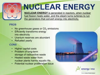 NUCLEAR ENERGY is generated in reactors, when nuclear
           fuel fission heats water, and the steam turns turbines to run
           the generators that convert energy into electricity.


• No greenhouse gases or C02 emissions
• Efficiently transforms energy
  into electricity
• Uranium reserves are abundant
• Refueled yearly


• Higher capital costs
• Problem of long-term
  storage of radioactive waste
• Heated waste water from
  nuclear plants harms aquatic life
• Potential nuclear proliferation issue
 