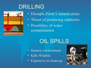 OIL SPILLS
• Destroy environment
• Kills Wildlife
• Expensive to clean-up
DRILLING
• Disrupts Earth’s natural strata
• Threat of producing sinkholes
• Possibility of water
contamination
 