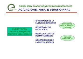 ENERGY SPAIN. CONSULTORIA DE SERVICIOS ENERGETICOS

          ACTUACIONES PARA EL USUARIO FINAL


                           •OPTIMIZACION DE LA
                            FACTURA ENERGETICA     EDIFICIOS DEL
                                                 SECTOR TERCIARIO
                           .REDISEÑO DE SU          Y OFICINAS
     ENERGY SPAIN           INSTALACION
  Servicios Energéticos
Altamente Especializados   •REDUCCION COSTOS
                            DE MANTENIMIENTO
                                                     EDIFICIOS
                                                   INDUSTRIALES
                           •MODERNIZACION DE
                            LAS INSTALACIONES
 