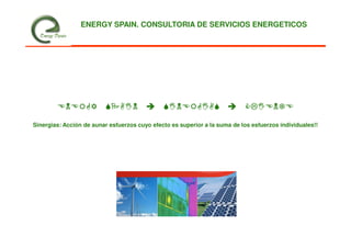 ENERGY SPAIN. CONSULTORIA DE SERVICIOS ENERGETICOS




Sinergias: Acción de aunar esfuerzos cuyo efecto es superior a la suma de los esfuerzos individuales!!
 