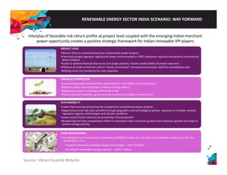 RENEWABLE ENERGY SECTOR INDIA SCENARIO: WAY FORWARD 
Interplay of favorable risk‐return profile at project level coupled with the emerging Indian merchant 
power opportunity creates a positive strategic framework for Indian renewable IPP players 
PROJECT LEVEL 
•Shorter time‐to‐commissioning than conventional power projects 
•Fast‐track project approval‐ significantly fewer environmental or CERC clearances required compared to conventional 
power projects 
•Easier to achieve financial closure vis‐à‐vis larger projects, Greater predictability of project execution 
•Plethora of small‐to‐mid size units in “locally constrained” entrepreneurial setups: ideal for consolidation play 
•Bidding route not mandatory for new capacities 
FINANCIAL PERSPECTIVE 
•Low working capital requirements, particularly for small hydro and wind projects 
•Ability to boost returns through emissions trading options 
•Regulatory support, including preferential tariffs 
•Fiscal incentives (subsidies, grants and tax incentives) available in some States 
SUSTAINABILITY 
•Lower fuel sourcing and pricing risk compared to conventional power projects 
•Opportunity to de‐risk asset portfolio through geographic and technological options‐ exposure to multiple markets, 
regulatory regimes, technologies and climatic conditions 
•Lower social friction concerns by promoting ‘inclusive growth’ 
••Broadening fuel base complements efforts to decouple India’’s economic growth from emissions growth and helps to 
achieve energy security 
FUND REQUIREMENT 
• Consolidated fund requirement estimated by MNRE (Strategic plan for new and renewable energy sector for the 
period 2011 ‐17 is: 
‐ For grid connected renewable energy technologies – USD 2.6 billion 
‐ For off grid renewable energy programs – USD 2.7 billion 
Source: Vibrant Gujarat Website 
 
