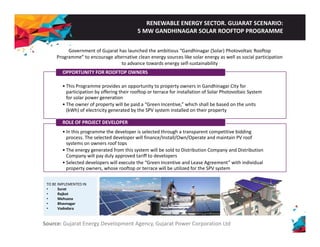 RENEWABLE ENERGY SECTOR. GUJARAT SCENARIO: 
5 MW GANDHINAGAR SOLAR ROOFTOP PROGRAMME 
Government of Gujarat has launched the ambitious “Gandhinagar (Solar) Photovoltaic Rooftop 
Programme” to encourage alternative clean energy sources like solar energy as well as social participation 
to advance towards energy self‐sustainability 
OPPORTUNITY FOR ROOFTOP OWNERS 
• This Programme provides an opportunity to property owners in Gandhinagar City for 
participation by offering their rooftop or terrace for installation of Solar Photovoltaic System 
for solar power generation 
• The owner of property will be paid a “Green Incentive,” which shall be based on the units 
(kWh) of electricity generated by the SPV system installed on their property 
ROLE OF PROJECT DEVELOPER 
• In this programme the developer is selected through a transparent competitive bidding 
process. The selected developer will finance/Install/Own/Operate and maintain PV roof 
systems on owners roof tops 
• The energy generated from this system will be sold to Distribution Company and Distribution 
Company will pay duly approved tariff to developers 
• Selected developers will execute the “Green Incentive and Lease Agreement” with individual 
property owners, whose rooftop or terrace p p y , p will be utilized for the SPV system 
TO BE IMPLEMENTED IN 
• Surat 
• Rajkot 
• Mehsana 
• Bhavnagar 
• Vadodara 
Source: Gujarat Energy Development Agency, Gujarat Power Corporation Ltd 
 