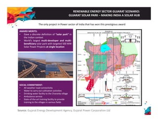 RENEWABLE ENERGY SECTOR GUJARAT SCENARIO: 
GUJARAT SOLAR PARK –MAKING INDIA A SOLAR HUB 
The only project in Power sector of India that has won this prestigious award 
AWARD MERITS: 
• Gave a discrete definition of “solar park” in 
the Indian context 
• World’s largest multi‐developer and multi‐beneficiary 
solar park with targeted 500 MW 
Solar Power Projects at single location 
SOCIAL COMMITMENT: 
• All‐weather road connectivity 
• Water to carry out cultivation activities 
• Drinking water facility to the Charanka village 
• Ambulance service 
•• State‐‐of‐‐the‐‐art training facility to provide 
training to the villages in various fields 
Source: Gujarat Energy Development Agency, Gujarat Power Corporation Ltd 
 