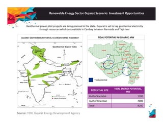 Renewable Energy Sector Gujarat Scenario: Investment Opportunities 
Geothermal power pilot projects are being planned in the state. Gujarat is set to tap geothermal electricity 
through resources which are available in Cambay between Narmada and Tapi river 
GUJARAT GEOTHERMAL POTENTIAL IS CONCENTRATED IN CAMBAY TIDAL POTENTIAL IN GUJARAT, MW 
Tidal potential 
POTENTIAL SITE TIDAL ENERGY POTENTIAL, 
MW 
Gulf of Kachchh 1200 
Gulf of Khambat 7000 
Total 8200 
Source: TERI, Gujarat Energy Development Agency 
 