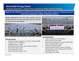 Renewable Energy Sector 
Gujarat Scenario: India’s first canal top Solar power Project 
Gujarat has initiated the world’s first canal-based solar power project on Narmada branch 
canal new Chandrasan village of Mehsana district 
Energy generated from this pilot project will be 
directly fed into the local electricity grid and utilized 
by nearby towns and villages 
Innovative Ideas 
• Cover the canal with Solar Panels to 
• Save Land @ 5 acre per MW 
• Minimize evaporation from canal (9 liters 
Technical Detail 
• Projected energy production: 1.6 million units/year/MW 
million water saving per MW per year) 
• Produce eco‐friendly power 
• Shadowing effect of panel results in reduced 
photosynthesis and less algae growth leading to 
• Irradiation: 4.6 – 6.4 kWh/m2 
• Installed capacity: 1 MWp 
• Technology: polycrystalline solar modules, 280 Wp 
• Number of modules: 3616 
• Canal length used: 750 m 
less maintenance cost 
• Pilot Project is for 1 MW 
• Power evacuation system: 11 KV 
Source: GSECL 30 
 
