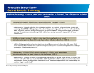 Renewable Energy Sector 
Gujarat Scenario: Bio energy 
Various Bio energy projects have been implemented in Gujarat. Few of them are enlisted 
below: 
0 0.95 95 MW biogas based power project at Sayaji Industries Industries, Kathwada Kathwada, 2009 2009‐10 
• Sayaji Industries, Kathwada is dealing with maize starch products. As a result of maize corn milling, grinding and 
processing, about 14000 nm3 biogas is generated. Earlier biogas was being used in the coal fired boilers. Under the 
MNRE programme of energy recovery from industrial & commercial wastes, the biogas based power project was 
taken up up. The project commissioned in April April'2009 and has been running successfully at about 80% PLF since 
commissioning. 
12000 nm3 biogas per day (1 MWeq.) maize starch industry liquid waste based 
biomethanation plant by Gujarat Ambuja Exports Ltd., at Dalpur , Dist: S.K., 2009‐10 
• 12000nm3 /day capacity biomethanation plant is completed & commissioned in December 2009 under MNRE 
waste‐to‐energy (WTE) scheme. Plant has been running successfully since its commissioning date. Produced biogas 
gas is used in 100% biogas engines in CPP 
0.833 MWeq.(10000 nm3/day) capacity maize starch industry liquid waste based 
biomethanation plant at Sayaji Industries Ltd., Kathwada, 2010‐11 
• Sayaji Industries, Kathwada increased its maize grinding capacity from 325 MT/day to 550 MT/day, the effluent also 
increased with higher COD value of about 16000 to 20000 KGs COD. One 10000 nm3/day capacity biomethanation 
31 
g / y p y 
plant has been installed & commissioned December 2011.The same is working with more than 80% efficiency. The 
produced biogas is used in its CPP 
Source: Gujarat Energy Development Agency 
 