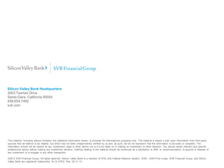 Silicon Valley Bank Headquarters 
3003 Tasman Drive 
Santa Clara, California 95054 
408.654.7400 
svb.com 
This material, including without limitation the statistical information herein, is provided for informational purposes only. The material is based in part upon information from third-party sources that we believe to be reliable, but which has not been independently verified by us and, as such, we do not represent that the information is accurate or complete. The information should not be viewed as tax, investment, legal or other advice nor is it to be relied on in making an investment or other decision. You should obtain relevant and specific professional advice before making any investment decision. Nothing relating to the material should be construed as a solicitation or offer, or recommendation, to acquire or dispose of any investment or to engage in any other transaction. ©2013 SVB Financial Group. All rights reserved. Silicon Valley Bank is a member of FDIC and Federal Reserve System. SVB>, SVB>Find a way, SVB Financial Group, and Silicon Valley Bank are registered trademarks. B-13-12702. Rev. 02-11-13 
