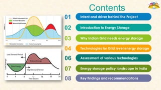 Contents
01 Intent and driver behind the Project
02 Introduction to Energy Storage
03 Why Indian Grid needs energy storage
04 Technologies for Grid level energy storage
06 Assessment of various technologies
07 Energy storage policy landscape in India
08 Key findings and recommendations
 