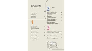 Contents
8
PURPOSE OF
THE
HANDBOOK
EXECUTIVE
SUMMARY
10
12
13
19
21
1
AN OVERVIEW
OF EV
CHARGING
INFRASTRUCTUR
E
1.1
Characteristics of
EV supply equipment
1.2
EV charging standards
for interoperability
1.3
From charging stations
to charging points
3
ASSESSING CHARGING DEMAND
34 AND SETTING TARGETS
35
39
3.1
Setting targets for
EV charging infrastructure
3.2
Assessing EV charging demand
23
24
27
32
2
MULTI-STAKEHOLDER
GOVERNANCE OF EV
CHARGING
2.1
Classification of
EV charging infrastructure
2.2
Roles and responsibilities of
government stakeholders
2.3
Charge point operators
and e-mobility service providers
 