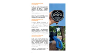 20
INDIAN STANDARDS FOR
AC CHARGING
IS 17017 is the key EV charging standard in India
comprising three parts and six sections. IS-17017- Part-
1 provides the basic features of all EV charging
systems. An AC EVSE must adhere to this standard,
and specific AC connector standards in the IS-17017-
Part-2.
Both AC and DC EVSE need to conform to the technical
standards IS-17017-Parts 21 & 22.
Additional Indian standards for AC EVSEs have been
approved for light EVs and e-cars (in the form of low-
cost charging points), for use in parking areas.
INDIAN STANDARDS FOR
DC CHARGING
IS-17017-Part-23 describes the requirements for
DC charging stations, with power output of 50kW to
200kW. Beyond this, high power charging standards
are required to cater to buses and other heavy vehicles.
Recently, the BIS has finalized the IS-17017-Part-25,
which is specifically for providing low DC power of less
than 7kW for light EVs.
Due to the requirement of digital communications
between the DC EVSE and the EV, data communication
standards are specified in IS-17017-Part 24. When
the Combined Charging System (CCS) standard is
deployed, which can provide both AC and DC charging,
communications will be as per the IS-15118 series.
INDIAN STANDARDS FOR
BATTERY SWAPPING
Separate projects have been initiated for battery
swapping standards for LEVs and buses. They will be
two series of standards documents, covering the form
factor of the battery pack, inter-operable connection
systems, communication between the battery
management system (BMS) and the EV and charging
station, and network management. Any EV may utilize
a battery pack conforming to these standards. The
removable battery packs can be charged using AC or
DC charging systems.
The BIS is yet to develop Indian standards for EV
roaming and grid-related management functions.
 