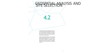 45
GEOSPATIAL ANALYSIS AND
SITE SELECTION
4.2
Location planning for public charging infrastructure can
be conducted through a digitized geospatial analysis or
as an on-ground exercise, depending on the scale of
planning and the quality of geospatial data available.
At an urban or regional scale, a mixed approach to
location planning is recommended.
A macro-level geospatial analysis can be conducted to
identify potential charging demand and the resultant
public charging requirements at a unit area level. At
the area level, site selection for installation of public
chargers can be carried out on-ground, in consultation
with landowners and local government representatives
in the area.
 