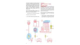 62
The first step in arranging for the electricity supply for
EV charging is to estimate the required power demand
in kilowatts (kW). This is equivalent to the sum of the
rated input requirements of all the charging points that
are part of the planned installation at a given location.
In case of a battery charging system, this would be
equivalent to the power required to simultaneously
charge the total number of batteries housed in the
charging system.
Once the required power demand is known, an EV
owner or CPO may choose from three options to provide
electricity for the EV charging infrastructure:
i Draw electricity from an existing power connection
ii Arrange for a new electricity connection
iii Use a captive renewable energy generation system
OPTION 1:
DRAW ELECTRICITY FROM
AN
EXISTING POWER
CONNECTION
For private charging, where a single charging point is
being installed in a home or office, EV owners can draw
the electricity from the existing power connection.
Where semi-public or public EV charging is built within
a host facility, the CPO may choose to draw electricity
from the existing power connection provided the host
establishment owner permits it.
When connecting the EV charging infrastructure to
an existing power connection, the following steps
must be followed.
i Check the type of connection available at the
host establishment, and whether the estimated
power demand of the charging infrastructure can
Transformer
Existing meter
New meter
EV dock EV dock EV dock
Solar panels
Battery
storage
DC-AC
inverter
 