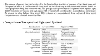• The amount of energy that can be stored in the flywheel is a function of moment of inertia of rotor and
the speed at which it can be rotated along with its tensile strength and stress restrictions. Based on
these properties they are classified into two groups: low speed steel FES systems with speeds upto
10000 rotations per minute and high-speed FES systems with speeds up to 1 lakh rotations per minute.
As shown in table below, high speed FES systems are manufactured from advanced high speed
composite materials such as carbon-fiber .
• Comparison of low speed and high speed flywheel.
 