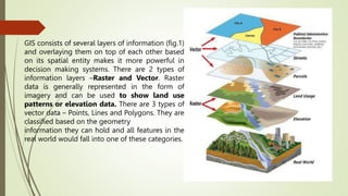 GIS consists of several layers of information (fig.1)
and overlaying them on top of each other based
on its spatial entity makes it more powerful in
decision making systems. There are 2 types of
information layers –Raster and Vector. Raster
data is generally represented in the form of
imagery and can be used to show land use
patterns or elevation data. There are 3 types of
vector data – Points, Lines and Polygons. They are
classified based on the geometry
information they can hold and all features in the
real world would fall into one of these categories.
 