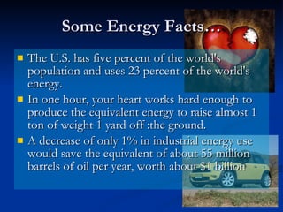 Some Energy Facts… The U.S. has five percent of the world's population and uses 23 percent of the world's energy.  In one hour, your heart works hard enough to produce the equivalent energy to raise almost 1 ton of weight 1 yard off :the ground.  A decrease of only 1% in industrial energy use would save the equivalent of about 55 million barrels of oil per year, worth about $1 billion  