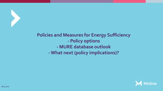 Policies and Measures for Energy Sufficiency
- Policy options
- MURE database outlook
- What next (policy implications)?
28.9.2021
 