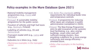 Policy examples in the Mure Database (June 2021)
• National mobility management
programmes (e.g., France and
Germany).
• Portugal: A sustainable mobility
programme for the public sector.
• Taxation of vehicles and high fuel taxes
(e.g., Denmark, Finland)
• Labelling of vehicles (e.g., EU and
Switzerland)
• Transport modal shift (e.g., Latvia and
Finland)
• Subsidies to e-bikes (e.g., Italy)
Numerous examples in the transport
sector
• UK: Boiler Plus standards setting
requirements for individual boiler time
and temperature controls
• Finland: A programme for reducing
office space per employee in public
administration (completed in 2020).
• Poland: The New Energy Programme
aims to add innovation at the systemic
level facilitating, e.g., plus-energy
buildings, smart cities and self-
sufficient energy clusters, thus
providing a platform for a more energy
sufficiency and energy efficiency -
oriented future.
Only a few examples in the building
sector
28.9.2021
 