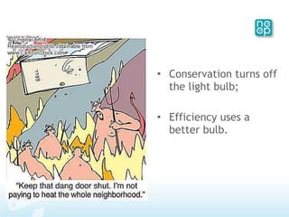 Conservation turns off the light bulb; Efficiency uses a better bulb. Definitions   