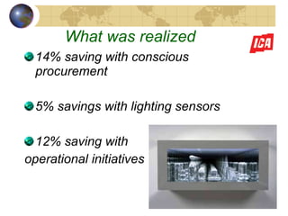 What was realized 14% saving with conscious procurement 5% savings with lighting sensors 12% saving with  operational initiatives  