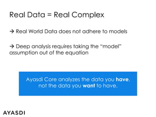 Real Data = Real Complex 
? Real World Data does not adhere to models 
? Deep analysis requires taking the model 
assumption out of the equation 
Ayasdi Core analyzes the data you have, 
not the data you want to have. 
 