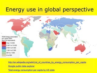 Energy use in global perspective
http://en.wikipedia.org/wiki/List_of_countries_by_energy_consumption_per_capita
Google public data explorer
Total energy consumption per capita by US state
 