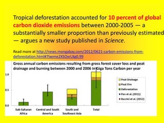 Tropical deforestation accounted for 10 percent of global
carbon dioxide emissions between 2000-2005 — a
substantially smaller proportion than previously estimated
— argues a new study published in Science.
Read more at http://news.mongabay.com/2012/0621-carbon-emissions-from-
deforestation.html#7lxeme2XSOxrLXg0.99
Gross annual carbon emissions resulting from gross forest cover loss and peat
drainage and burning between 2000 and 2006 in Giga Tons Carbon per year
 
