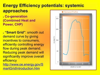 Energy Efficiency potentials: systemic
approaches
● Co-generation
(Combined Heat and
Power, CHP)
● “Smart Grid”: smooth out
demand curve by giving
incentives to consumers,
efficiently controlling energy
flow during peak demand.
Reducing peak demand will
significantly improve overall
efficiency
http://www.oe.energy.gov/S
martGridIntroduction.htm
 