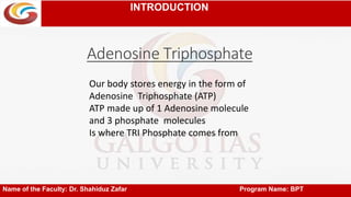 INTRODUCTION
Name of the Faculty: Dr. Shahiduz Zafar Program Name: BPT
Our body stores energy in the form of
Adenosine Triphosphate (ATP)
ATP made up of 1 Adenosine molecule
and 3 phosphate molecules
Is where TRI Phosphate comes from
 