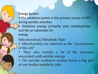 Energy System
• The oxidative system is the primary source of ATP
during aerobic activities
• Oxidative energy primarily uses carbohydrates
and fats as substrates for
energy.
Mitochondrial/Metabolic Rate
• Mitochondria are referred as the “powerhouse
of the cell”
• They also contain a lot of the enzymes,
associated with aerobic energy
• The aerobic oxidative system forms a big part
of our bodies metabolic rate.
 