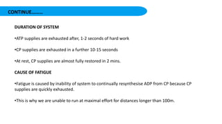 CONTINUE………
DURATION OF SYSTEM
•ATP supplies are exhausted after, 1-2 seconds of hard work
•CP supplies are exhausted in a further 10-15 seconds
•At rest, CP supplies are almost fully restored in 2 mins.
CAUSE OF FATIGUE
•Fatigue is caused by inability of system to continually resynthesise ADP from CP because CP
supplies are quickly exhausted.
•This is why we are unable to run at maximal effort for distances longer than 100m.
 