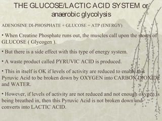 THE GLUCOSE/LACTIC ACID SYSTEM or
anaerobic glycolysis
ADENOSINE DI-PHOSPHATE + GLUCOSE = ATP (ENERGY)
• When Creatine Phosphate runs out, the muscles call upon the stores of
GLUCOSE ( Glycogen ).
• But there is a side effect with this type of energy system.
• A waste product called PYRUVIC ACID is produced.
• This in itself is OK if levels of activity are reduced to enable this
Pyruvic Acid to be broken down by OXYGEN into CARBON DIOXIDE
and WATER.
• However, if levels of activity are not reduced and not enough oxygen is
being breathed in, then this Pyruvic Acid is not broken down and
converts into LACTIC ACID.
 