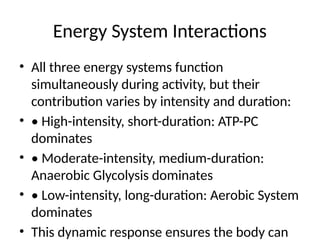 Energy System Interactions
• All three energy systems function
simultaneously during activity, but their
contribution varies by intensity and duration:
• • High-intensity, short-duration: ATP-PC
dominates
• • Moderate-intensity, medium-duration:
Anaerobic Glycolysis dominates
• • Low-intensity, long-duration: Aerobic System
dominates
• This dynamic response ensures the body can
 