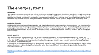 The energy systems
Phosphagen
This system uses creatine phosphate (CP) and has a very rapid rate of ATP production. The creatine phosphate is used to reconstitute
ATP after it’s broken down to release its energy. The total amount of CP and ATP stored in muscles is small, so there is limited energy
available for muscular contraction. It is, however, instantaneously available and is essential at the onset of activity, as well as during
short-term high-intensity activities lasting about 1 to 30 seconds in duration, such as sprinting, weight-lifting or throwing a ball.
Anaerobic Glycolysis
Anaerobic glycolysis does not require oxygen and uses the energy contained in glucose for the formation of ATP. This pathway occurs
within the cytoplasm and breaks glucose down into a simpler component called pyruvate. As an intermediate pathway between the
phosphagen and aerobic system, anaerobic glycolysis can produce ATP quite rapidly for use during activities requiring large bursts of
energy over somewhat longer periods of time (30 seconds to three minutes max, or during endurance activities prior to steady state
being achieved).
Aerobic Glycolysis
This pathway requires oxygen to produce ATP, because carbohydrates and fats are only burned in the presence of oxygen. This
pathway occurs in the mitochondria of the cell and is used for activities requiring sustained energy production. Aerobic glycolysis has
a slow rate of ATP production and is predominantly utilized during longer-duration, lower-intensity activities after the phosphagen
and anaerobic systems have fatigued.
It is important to remember that all three of these systems contribute to the energy needs of the body during physical activity. These
systems do not work independently of each other, but rather dominate at different times, depending on the duration and the
intensity of the activity.
https://www.acefitness.org/fitness-certifications/resource-center/exam-preparation-blog/3256/the-three-primary-energy-pathways-
explained
 