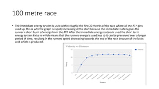 100 metre race
• The immediate energy system is used within roughly the first 20 metres of the race where all the ATP gets
used up, this is why the graph is rapidly increasing at the start because the immediate system gives the
runner a short burst of energy from the ATP. After the immediate energy system is used the short term
energy system kicks in which means that the runners energy is used less so it can be preserved over a longer
period of time, resulting in the runners speed decreasing towards the end of the race because of the lactic
acid which is produced.
 