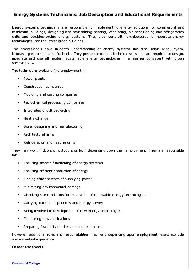 Energy systems technicians job description and educational 